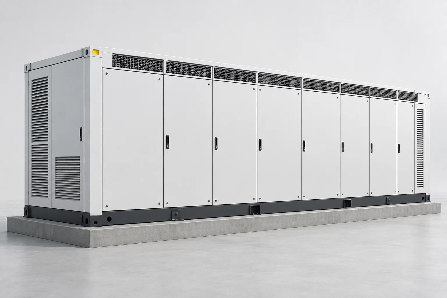 Illustrative industrial battery storage cabinet with modular access panels and ventilation, shown on a concrete base.