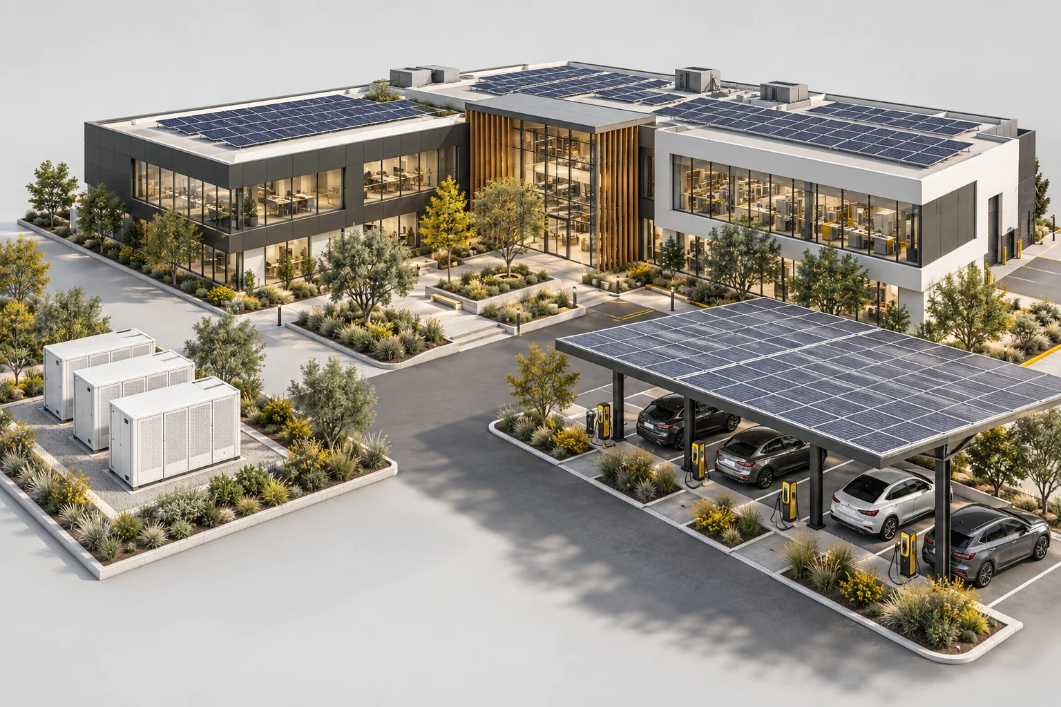 Architectural concept of a two-story commercial headquarters with rooftop solar, industrial batteries and a solar canopy with commercial EV chargers.